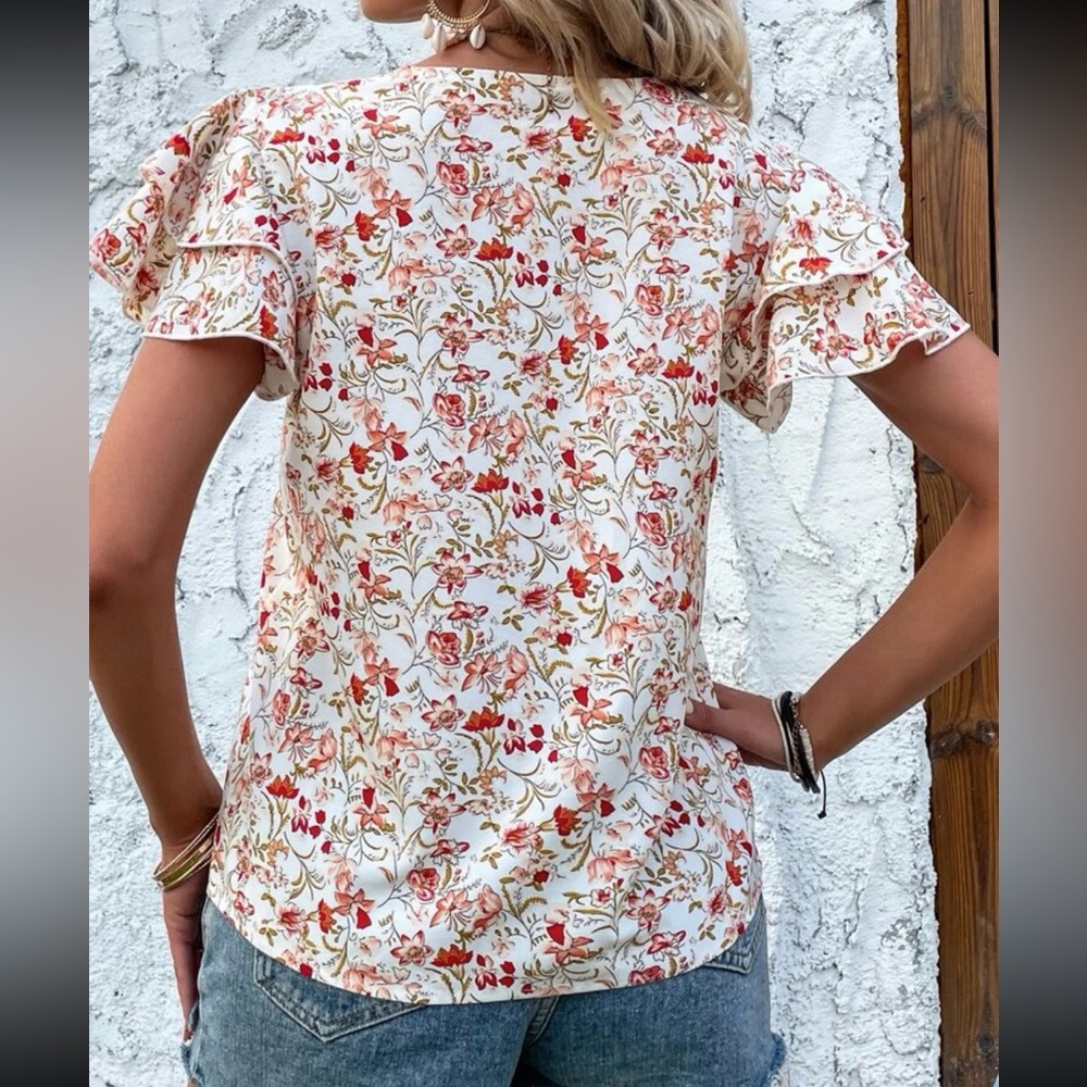 Floral V-Neck Blouse - Cream and Red - Picture 3 of 7